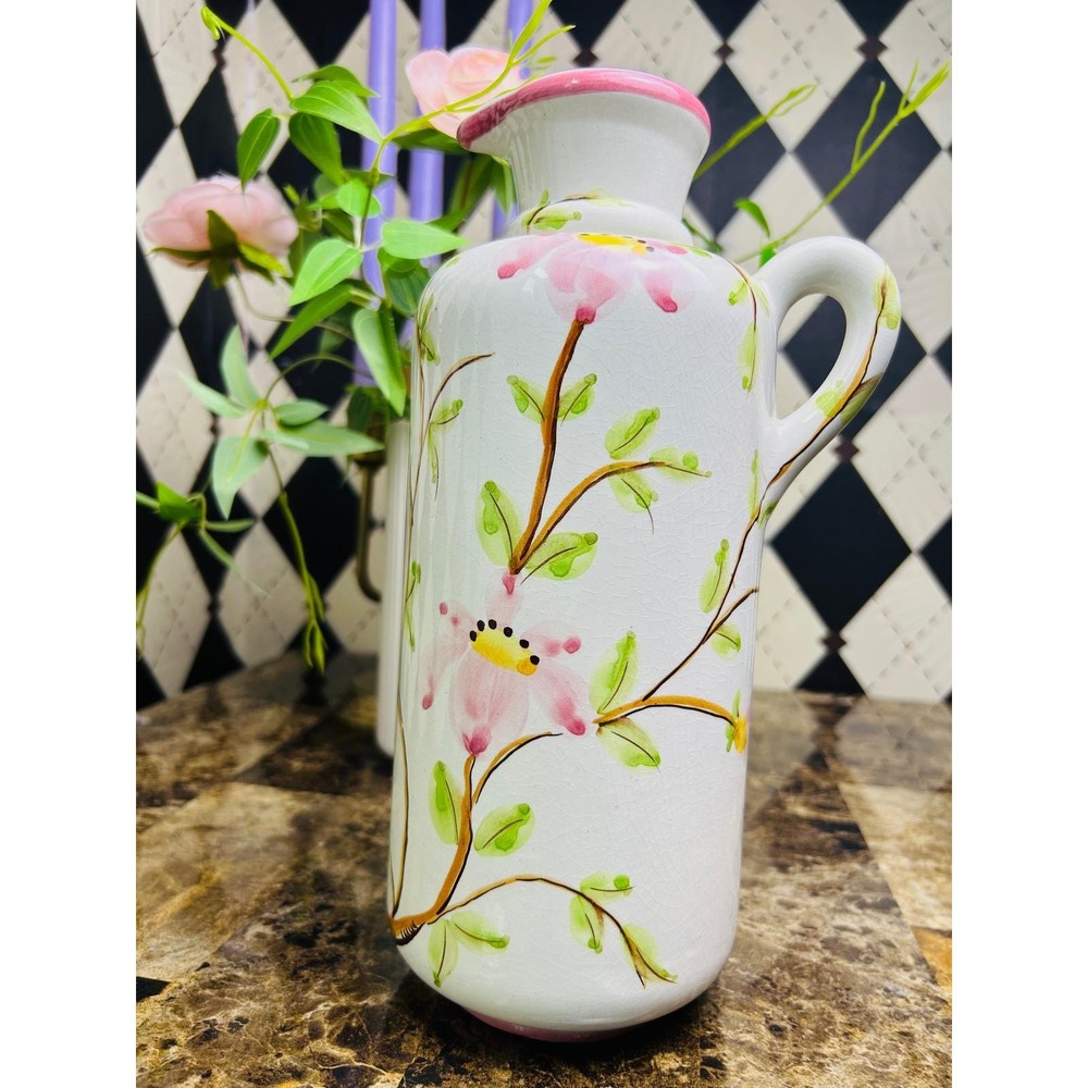Hand Painted Floral Ceramic Pitcher Signed Martan Robalo 11" Pitcher Bud Vase - Picture 7 of 9